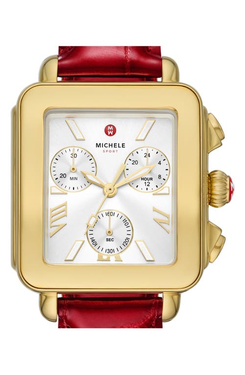 Shop Michele Deco Sport Chronograph Leather Strap Watch, 34mm X 36mm In Red/gold