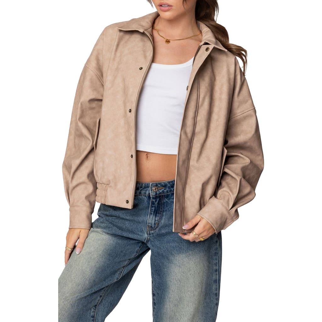 Edikted Mori Oversize Faux Leather Jacket In Beige
