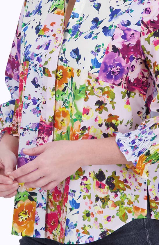 Foxcroft Olivia Floral Ruffle Sleeve Button-up Shirt In Blue/ Yellow Multi