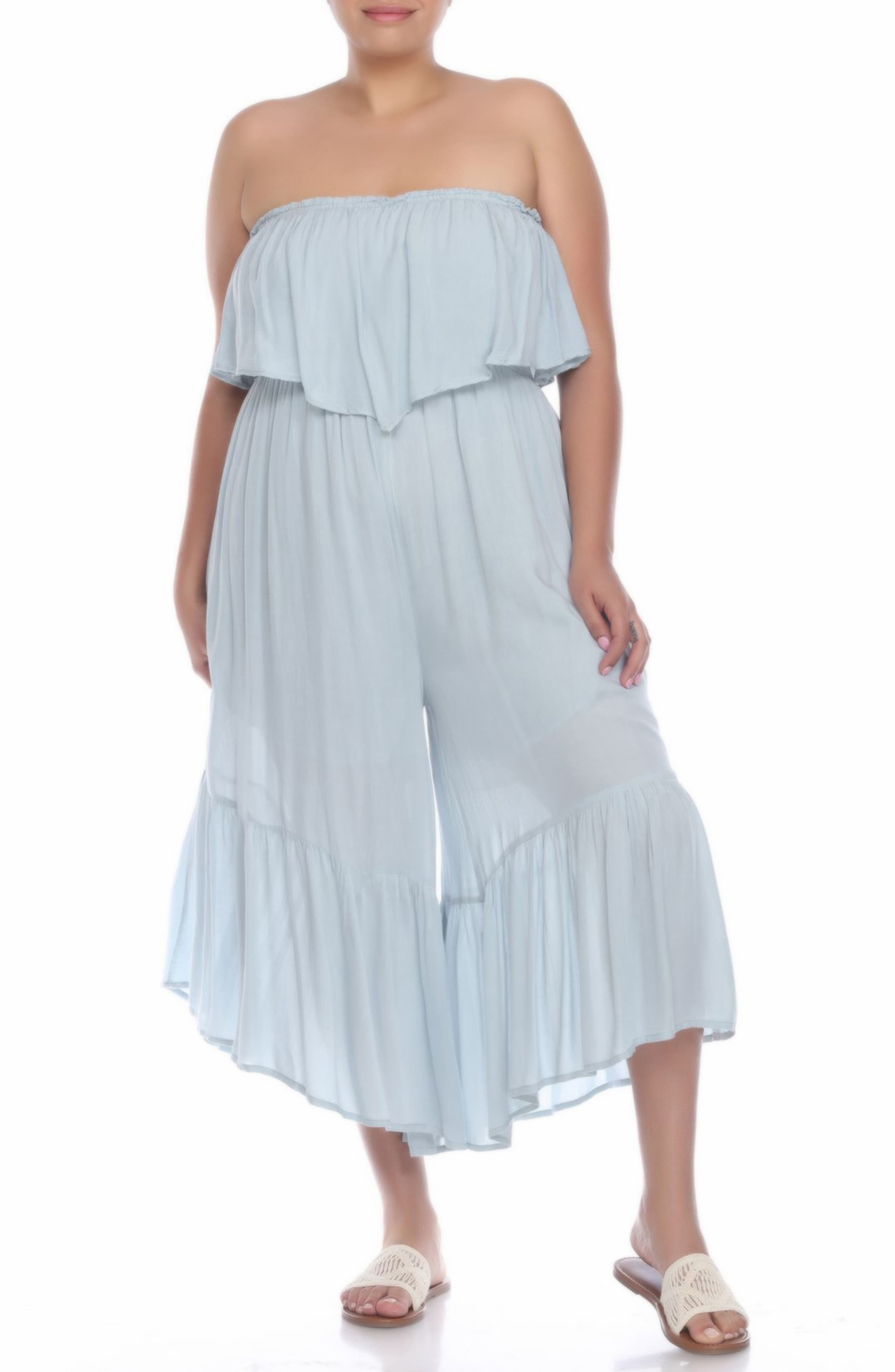 Boho Me Ruffle Popover Strapless Jumpsuit In Blue