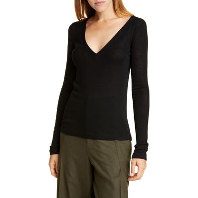 Vince Deep V-Neck Long Sleeve Wool Sweater, Black