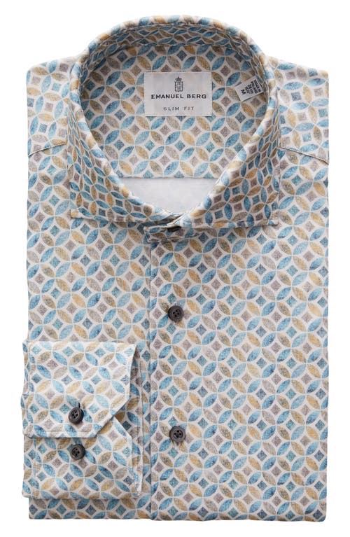 4Flex Slim Fit Medallion Print Knit Button-Up Shirt in Turquoise