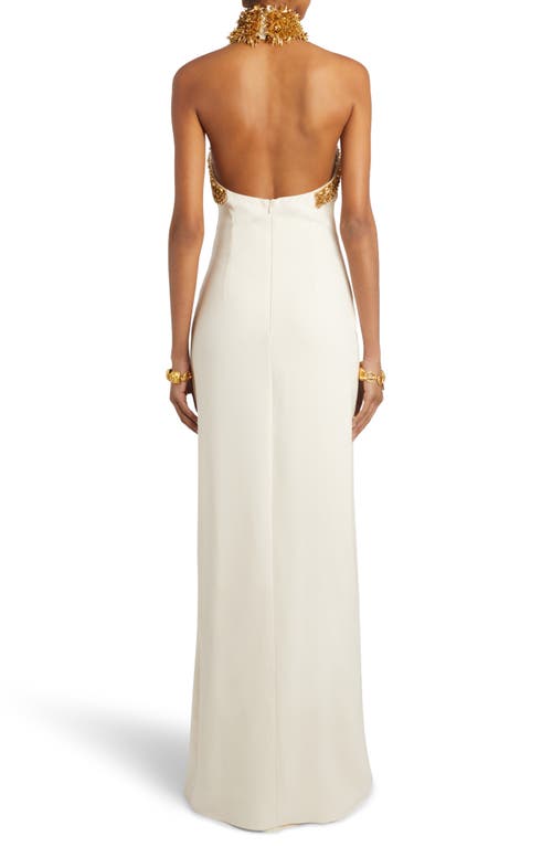 Shop Tom Ford Beaded Fringe Halter Gown In Gold/ecru