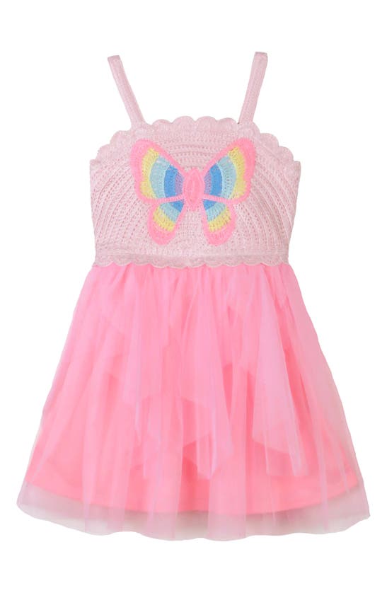 Shop Zunie Kids' Butterfly Crocheted Bodice Tulle Dress In Pink