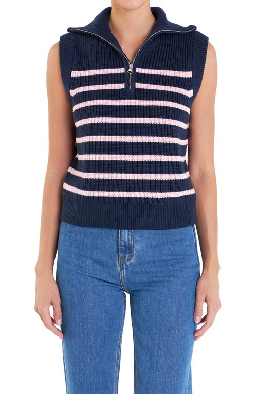 English Factory Stripe Sleeveless Quarter Zip Sweater In Navy/pink