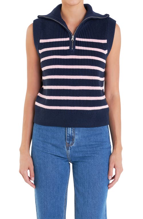 Shop English Factory Stripe Sleeveless Quarter Zip Sweater In Navy/pink