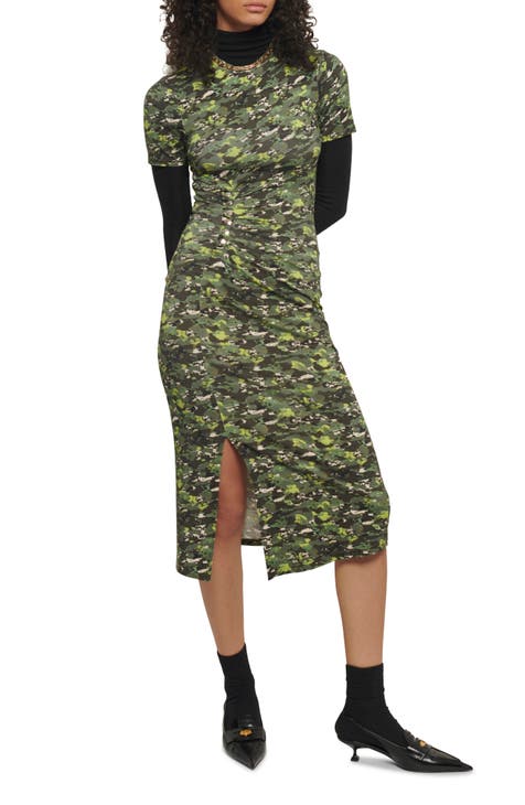 Lucielle Camo Ruched Studded Midi Dress