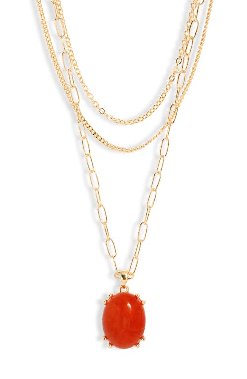 Jade Glass Pendant 3-Tier Layered Necklace in Rust- Gold