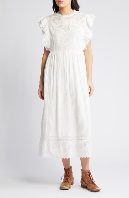 The Trellis Lace & Ruffle Midi Dress in White