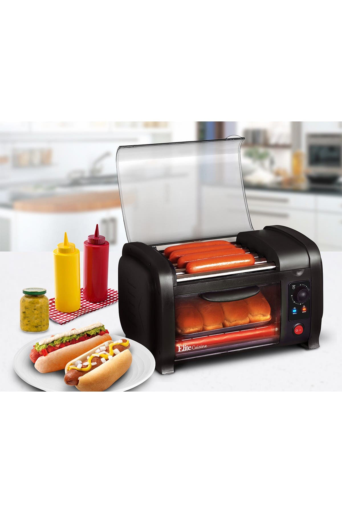 Elite Cuisine Hot Dog Toaster Oven with Stainless Steel Grill Rollers Bun Warmer