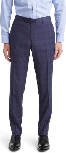 Men's Blue Suit, White Print Long Sleeve Shirt, Tan Leather Brogue Boots,  Purple Print Silk Pocket Square