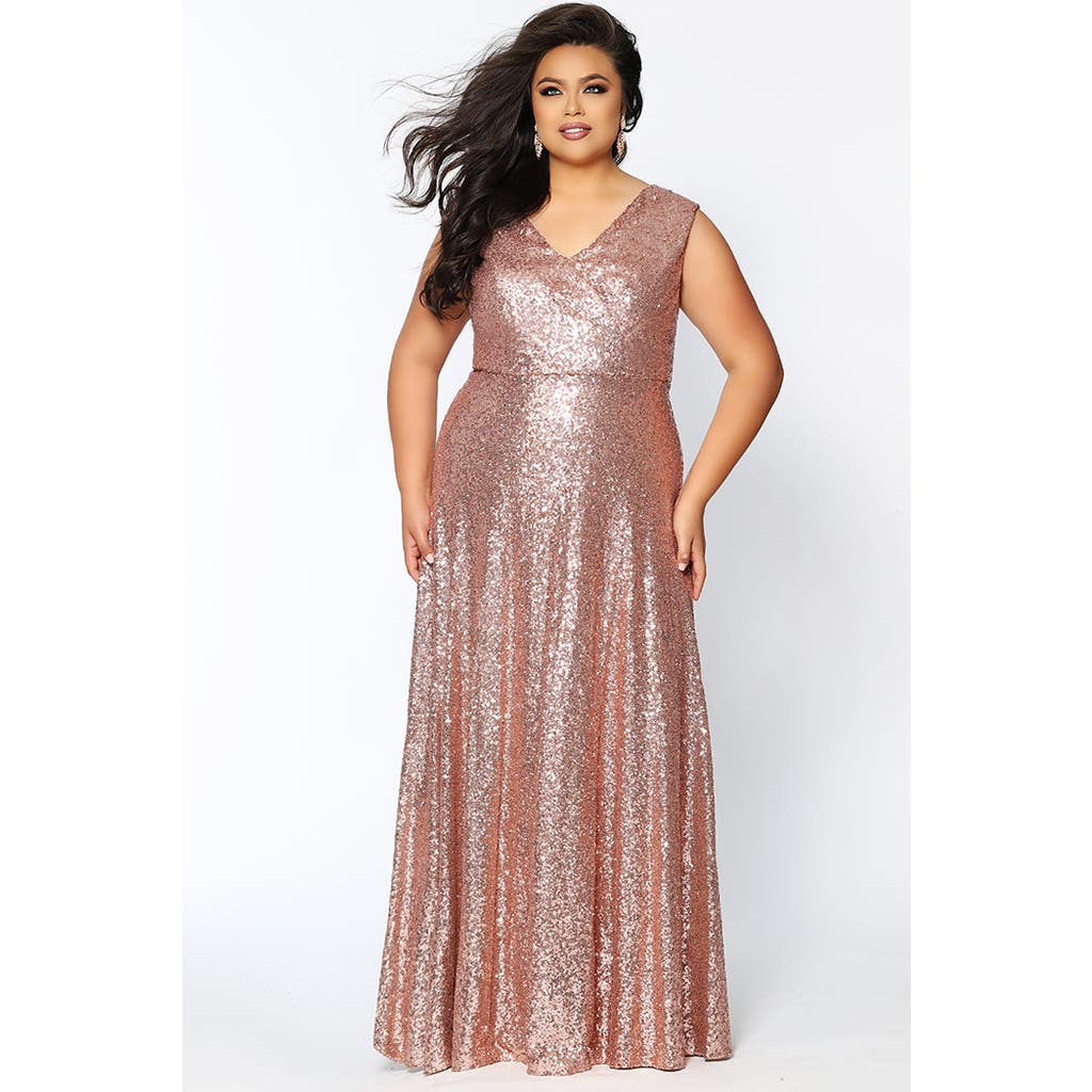 Celebrations By Sydneys Closet Celebrations By Sydney's Closet V-neck Plus Size Sleeveless Sequin Maxi Dress In Rose Gold