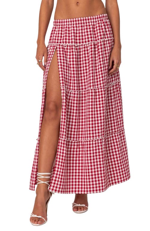 Shop Edikted Gingham Tiered Maxi Skirt In Red