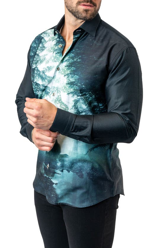 Maceoo Fibonacci Lionforest 17 Black Contemporary Fit Button-up Shirt In Black