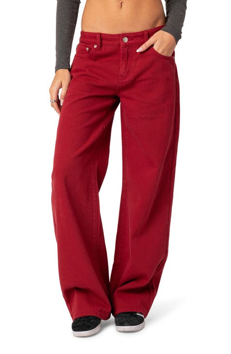 Red Wide Leg Soft Trousers, Womens Trousers