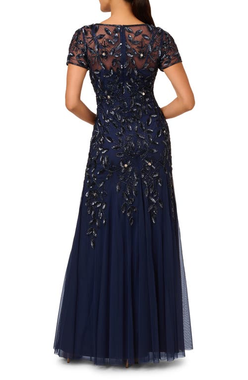 Adrianna Papell Floral Embroidered Beaded Trumpet Gown In Light Navy