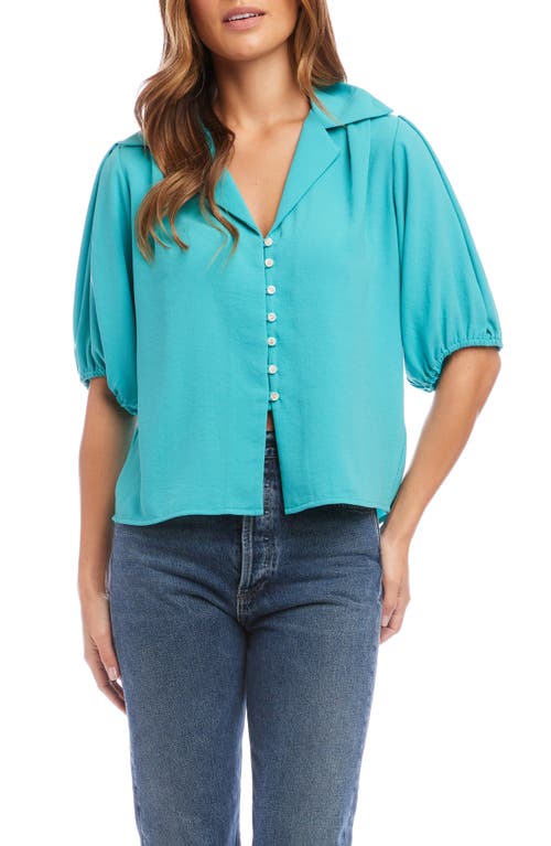 FIFTEEN TWENTY Puff Sleeve Crepe Button-Up Blouse in Turquoise