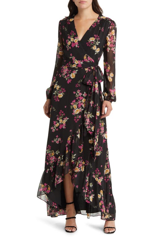 WAYF The Meryl Floral Long Sleeve Wrap Dress in Black Floral at Nordstrom, Size X-Small