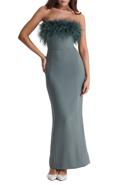 HOUSE OF CB Juliene Strapless Feather Bodice Crepe Cocktail Dress Dark Eucalyptus at Nordstrom,