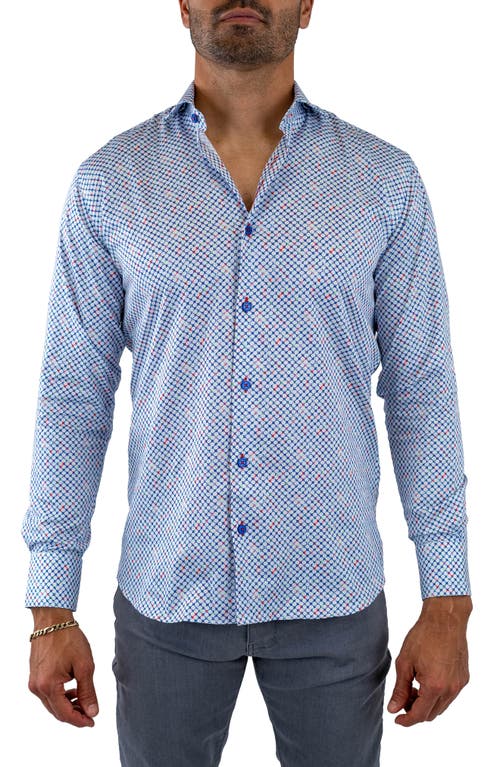 Shop Maceoo Einstein Stretchsymbol 21 Geo Print Cotton Button-up Shirt In White/blue