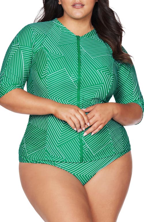 Artesands Linear Perspective Seurat Sunsafe Zip Front Rashguard in Green at Nordstrom, Size 20 Us
