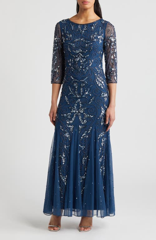 Shop Pisarro Nights Illusion Sleeve Beaded A-line Gown In Petrol Blue