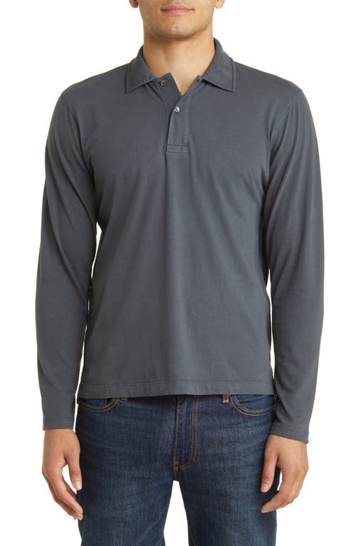 Sueded Long Sleeve Cotton Polo in Blue Onyx