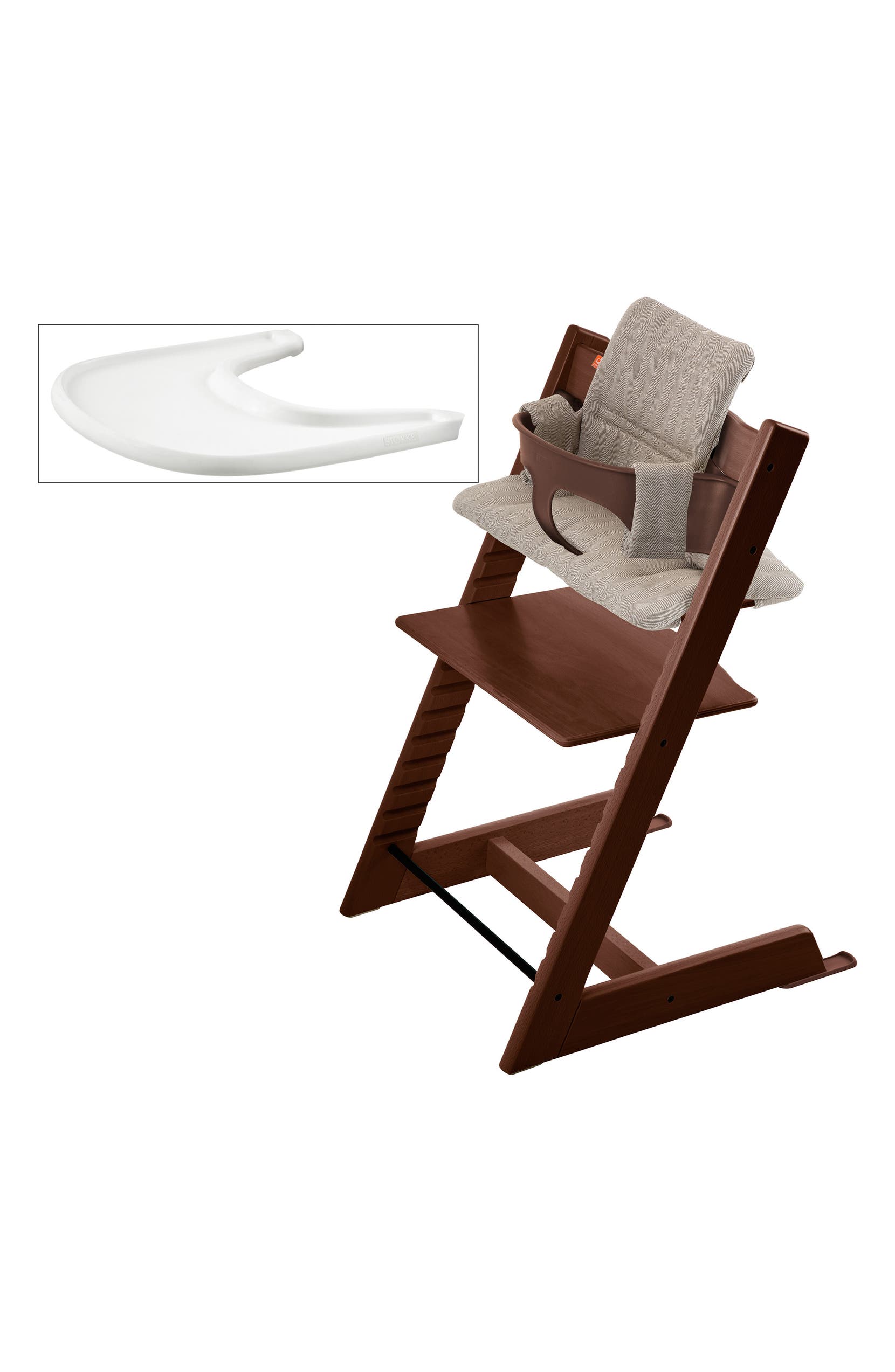  Tripp Trapp<sup>Â®</sup> Chair, Baby Set, Cushion & Tray Set, Main, color, WALNUT/ HAZY TWEED CUSHION