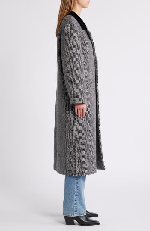 Frame Herringbone Wool Blend Longline Coat In Black Multi