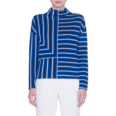 Akris Punto Square Stripe Jacquard Merino Wool Sweater, Blue