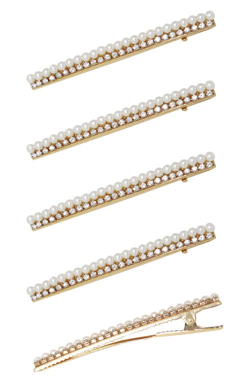 5-Pack Imitation Pearl & Crystal Hair Clips in Gold