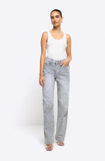 Straight Leg Jeans with Strass Embellishment