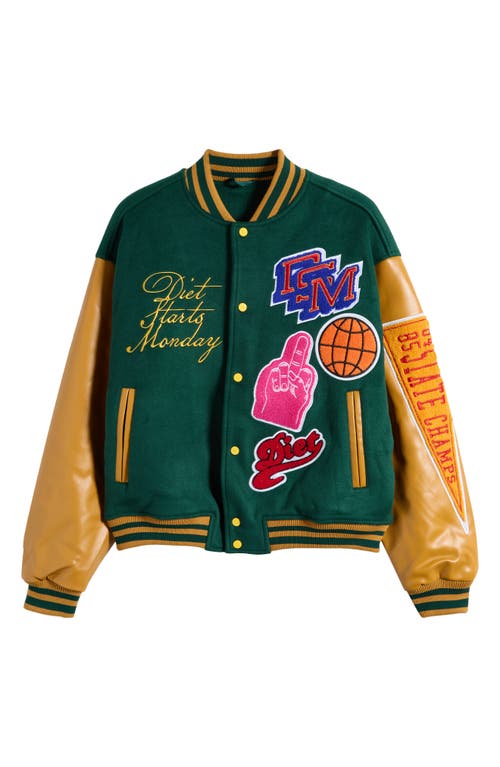 Shop Diet Starts Monday Wool Blend Varsity Jacket In Green/gold