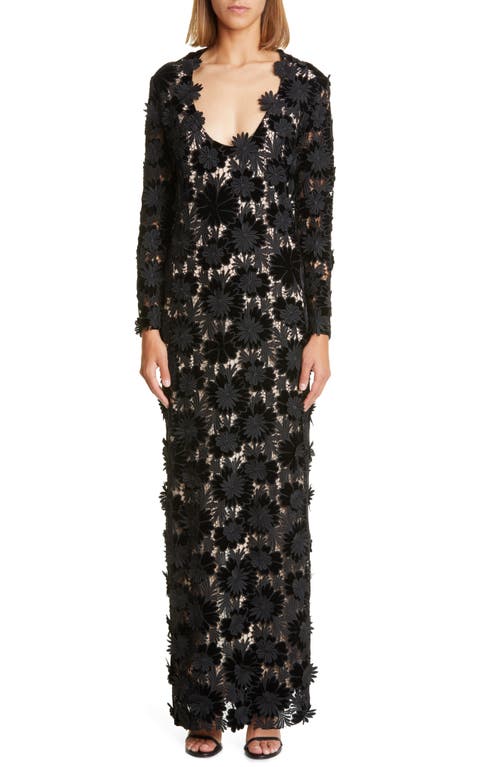 Oscar de la Renta Plunge Neck Velvet Guipure Lace Gown in Black