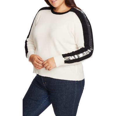 Plus Size 1.state Sequin Sleeve Stripe Cotton Blend Crewneck Sweater, White