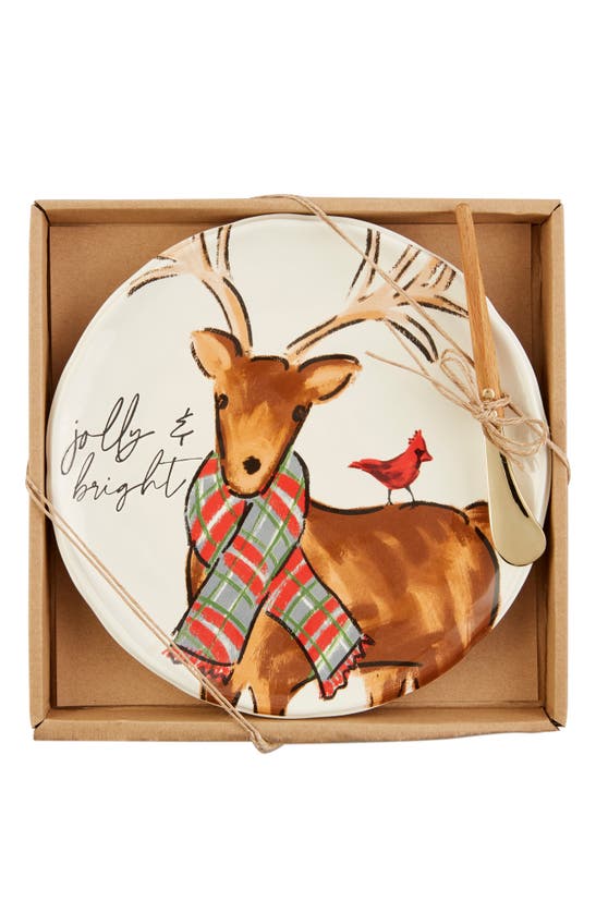 Mud Pie Deer Tartan Cheese Plate & Spreader Set In Cream