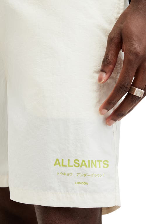 Shop Allsaints Underground Logo Print Swim Trunks In Chalk White/green