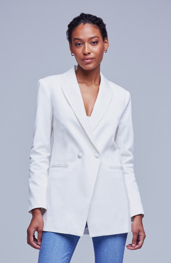 Shop L Agence Nellie Longline Cotton Blazer In Ivory/je T'aime