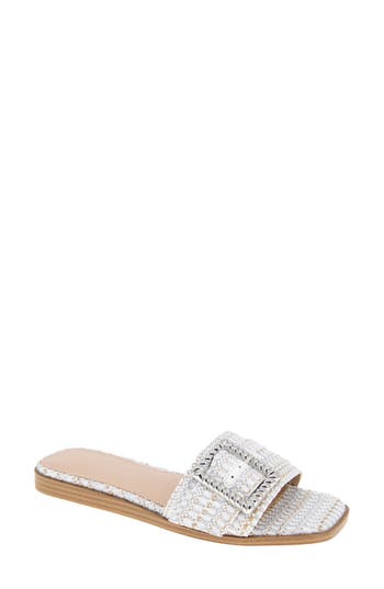 Bcbgeneration Women's Mollie Buckled Slide Flat Sandals In White/silver Boucle