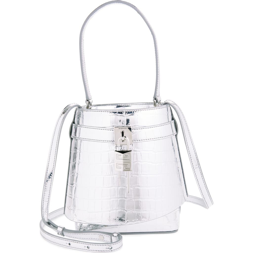 Givenchy Shark Lock Bucket Bag In Crocodile Effect Leather In Light Silvery