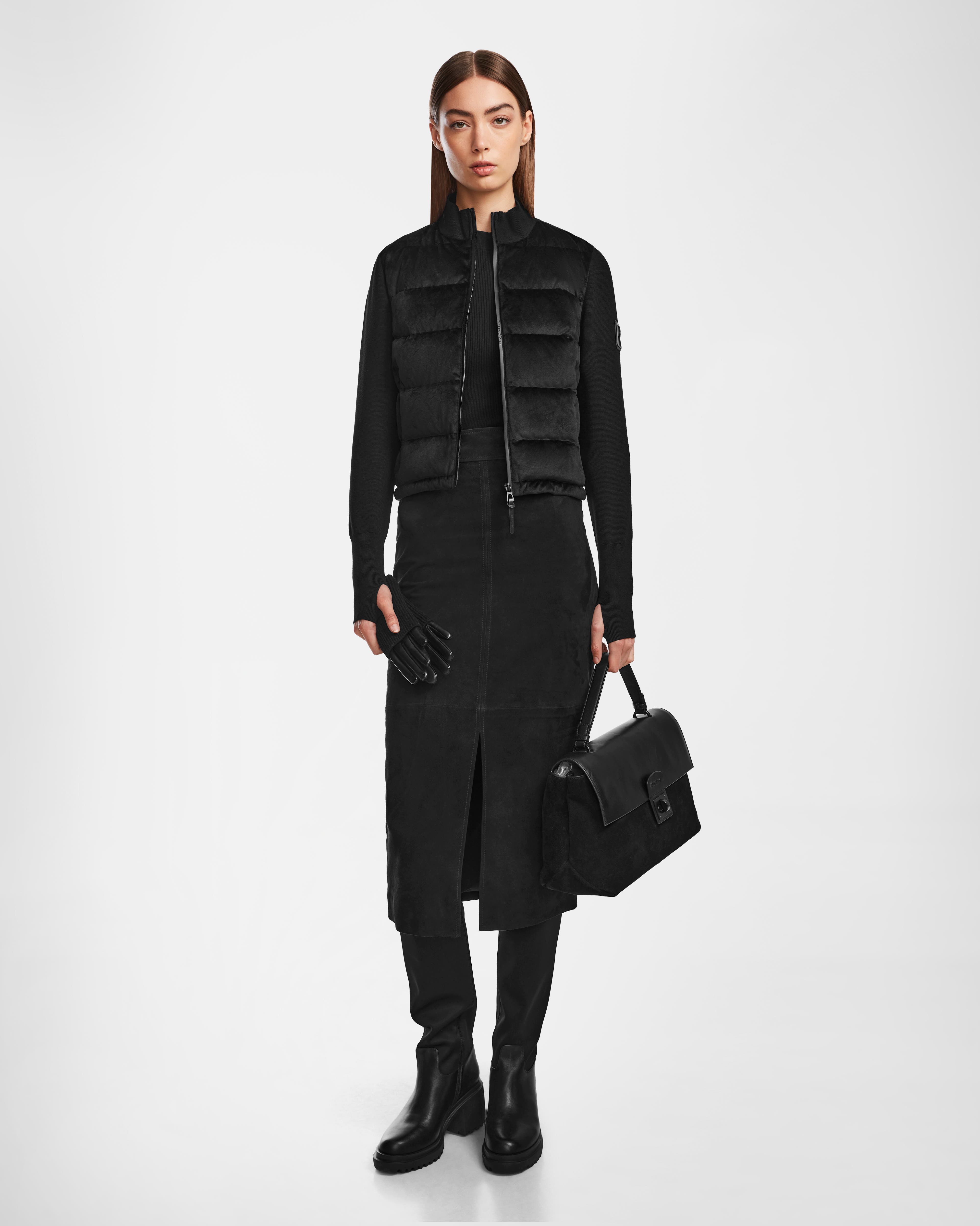 Rudsak CAMILLE V WOMEN'S VELVET HYBRID KNIT & LIGHT DOWN JACKET in Black 