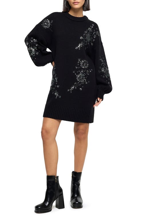 Jessie Crystal Floral Embellished Long Sleeve Sweater Dress in Black