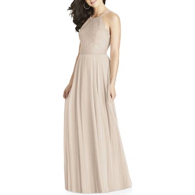 Dessy Collection Lace & Chiffon Halter Gown, Beige