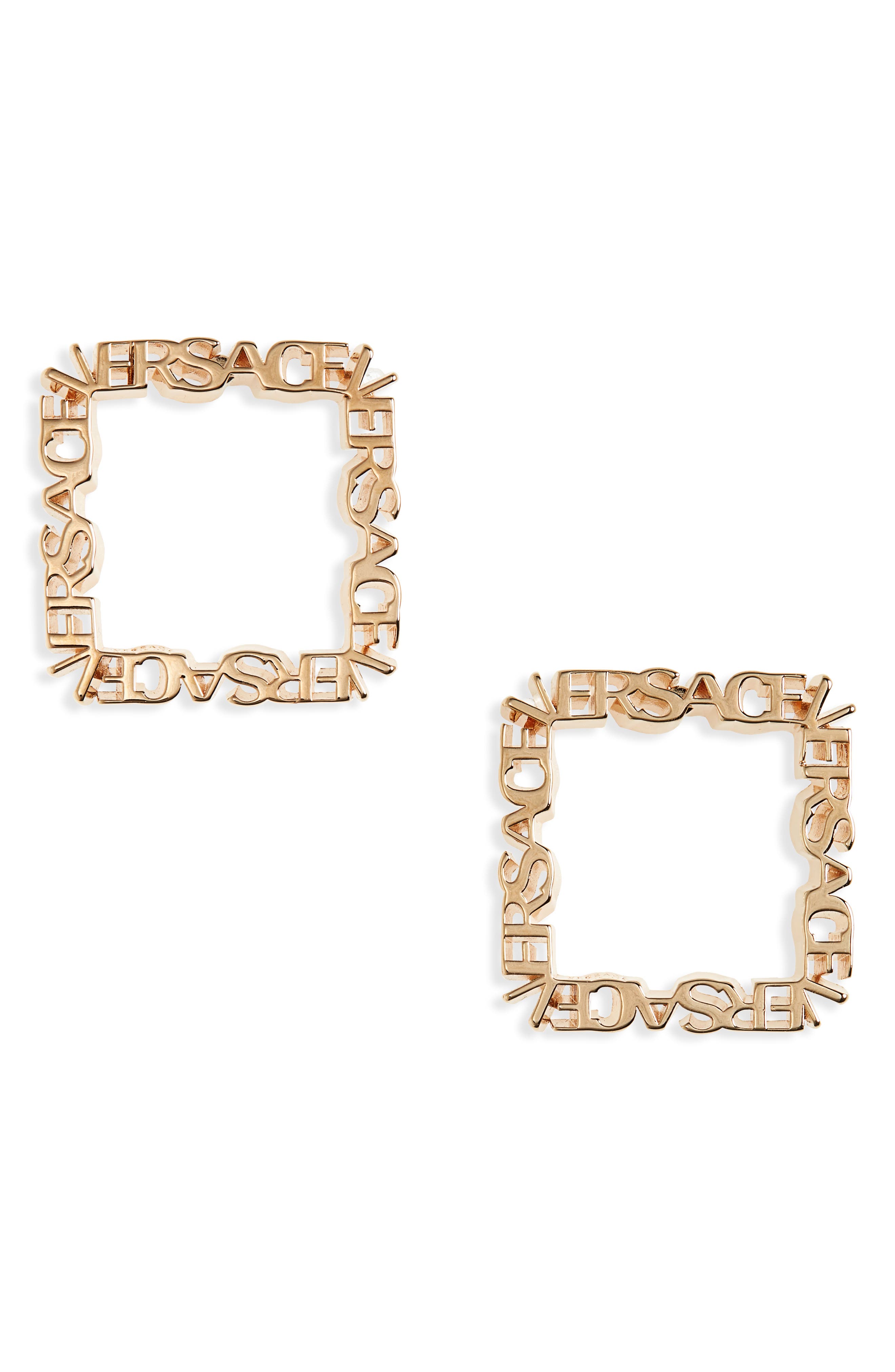 VERSACE Logo Square Frontal Hoop Earrings in Crystal-Versace Gold