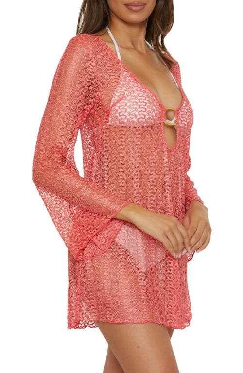 Shop Becca Golden Beach Long Sleeve Lace Cover-up Tunic In Coral Reef