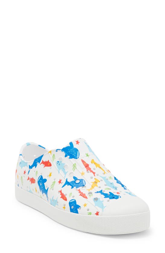 Native Shoes Kids' Jefferson Water Friendly Vegan Sneaker In Shell White/ Skyshark