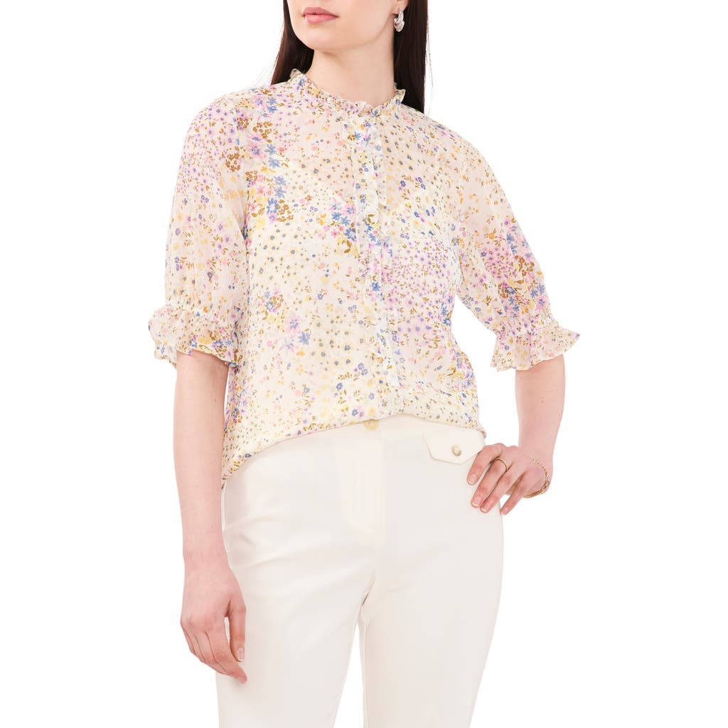 Chaus Floral Ruffle Edge Blouse In Ivory/yellow 131