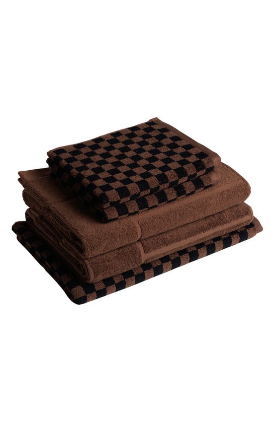 Shop Baina Essential 5-piece Bath Towel, Hand Towel & Bath Mat Set In Tobacco/ Noir
