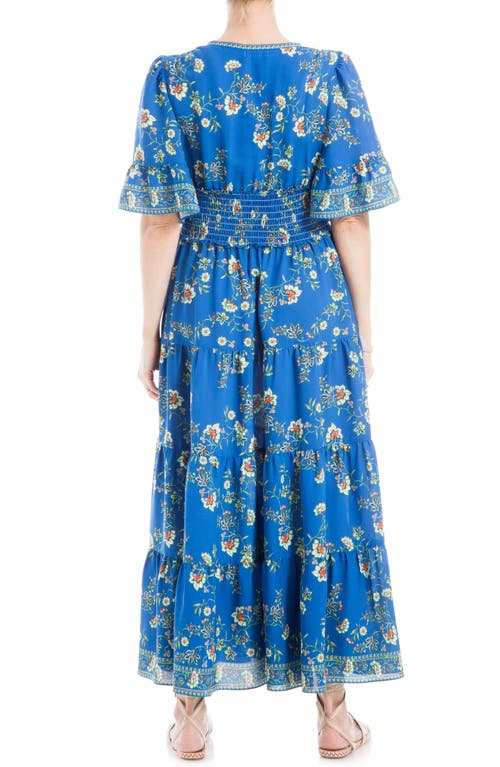 Shop Max Studio Smocked Waist Midi Dress In Blue Cream Floral
