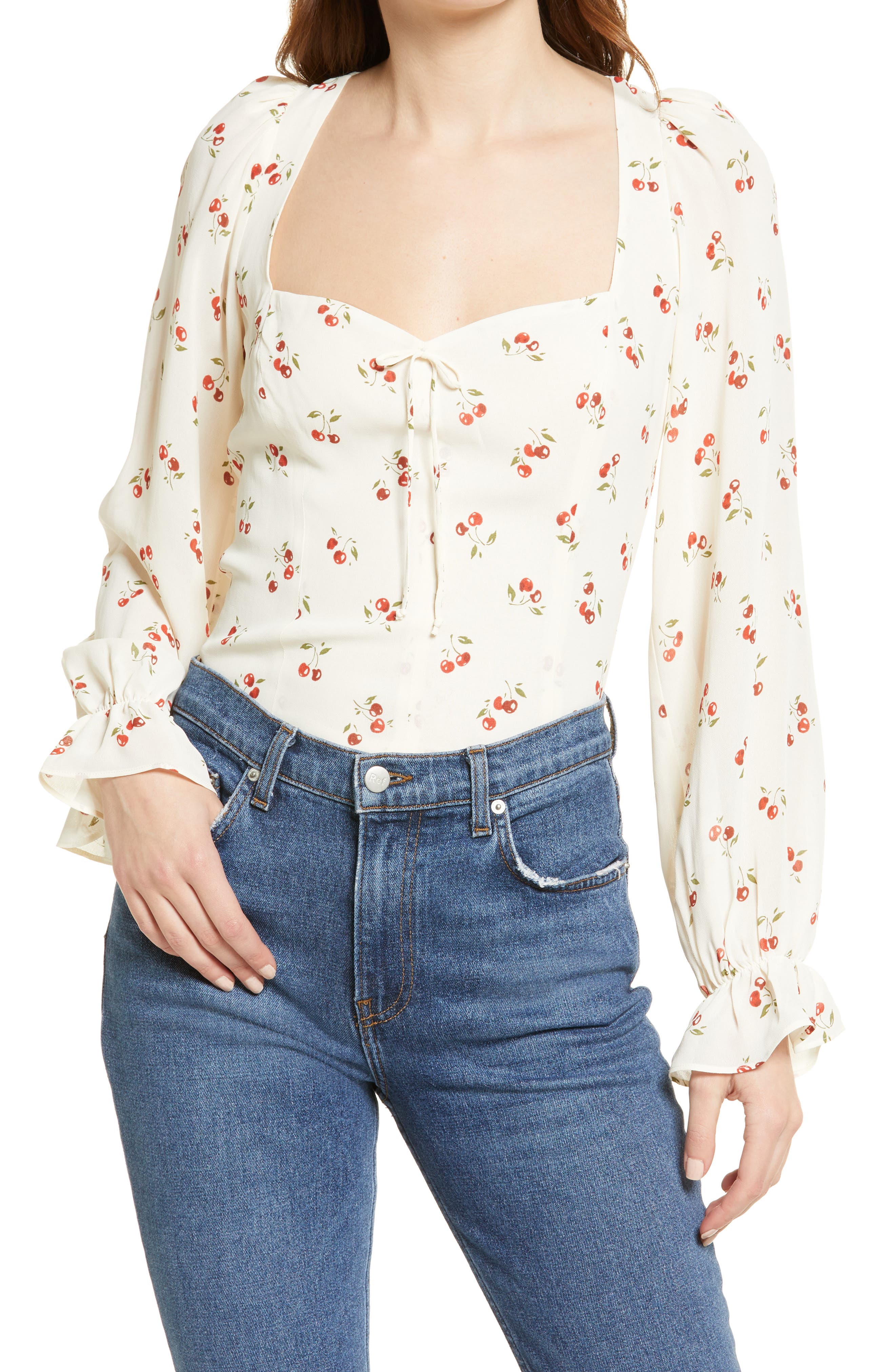 Reformation Chase Cherry Print Blouse in Cherry Pit at Nordstrom, Size 4